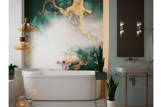 Um dos lançamentos da Brasilux na Haus Decor Show, a textura de efeito mármore é uma forte tendência em decoração para os próximos anos