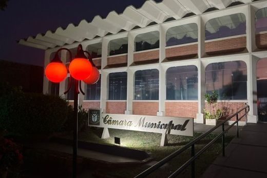 Fachada da Câmara. Iluminação na cor laranja chama a atenção para a conscientização da população para a necessidade de combater o abuso e a exploração sexual infantil