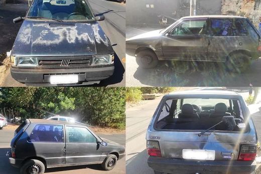 Fiat Uno que invadiu supermercado. Veículo foi abandonado perto de uma praça no Residencial Nova Cidade
