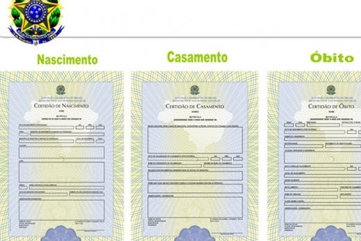 Novos modelos de formulários para certidões de nascimento, casamento e óbito, que serão confeccionados pela Casa da Moeda