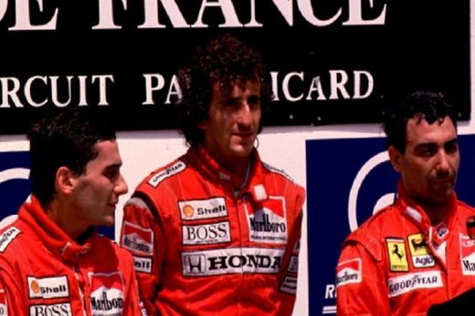 Ayrton Senna (Brasil), Alain Prost (França) e Michele Alboreto (Itália) no pódio do GP da França em 1988.