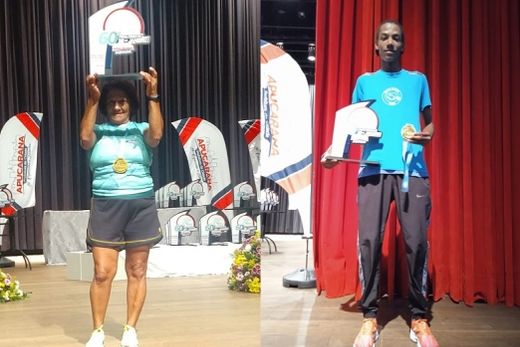 'Dona' Ju e Márcio Gabriel. Segunda e terceiro colocados em corrida de dez quilômetros, com respectivos tempos de 58 minutos e 34 minutos e 30 segundos